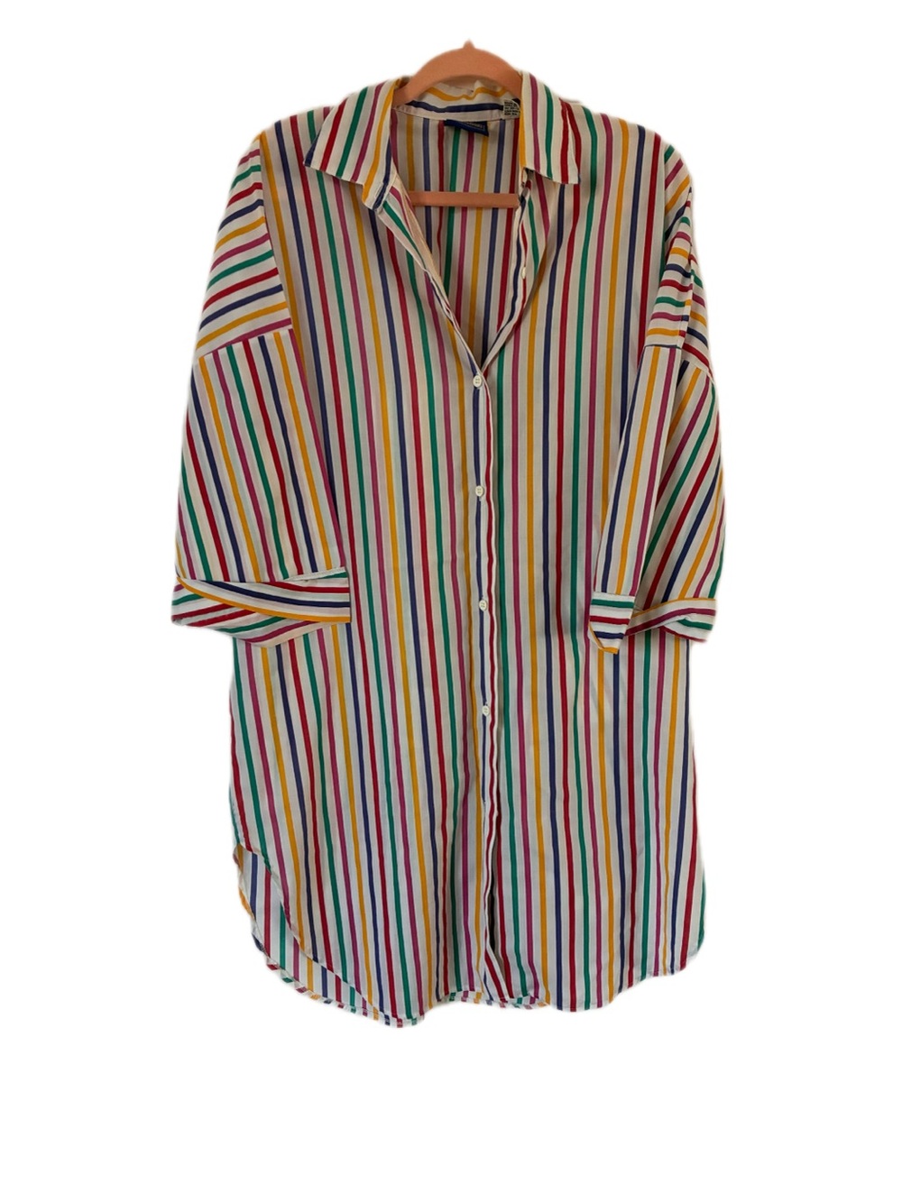 90s Retro Rainbow Kidcore Striped Cotton Oversized Sleep Shirt Vintage L